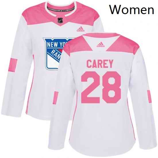 Womens Adidas New York Rangers 28 Paul Carey Authentic WhitePink Fashion NHL Jersey
